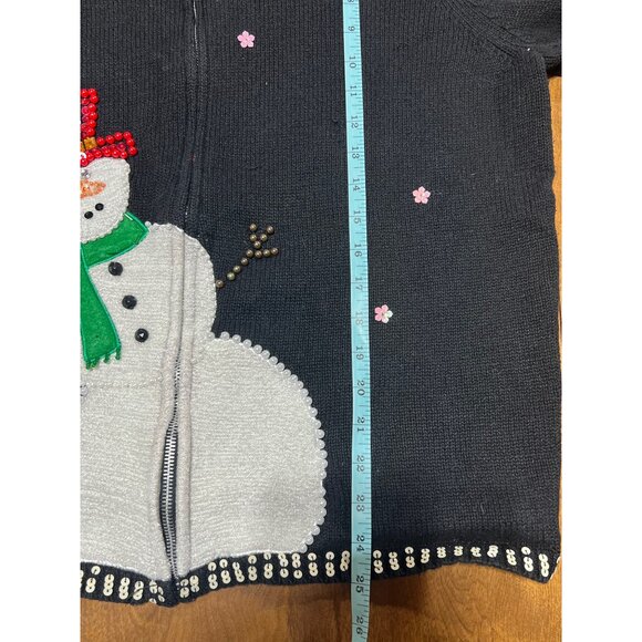 Design Originals Joy Sequin Beaded Snowman Full Zip Black Sweater Cardigan XL - Picture 9 of 11